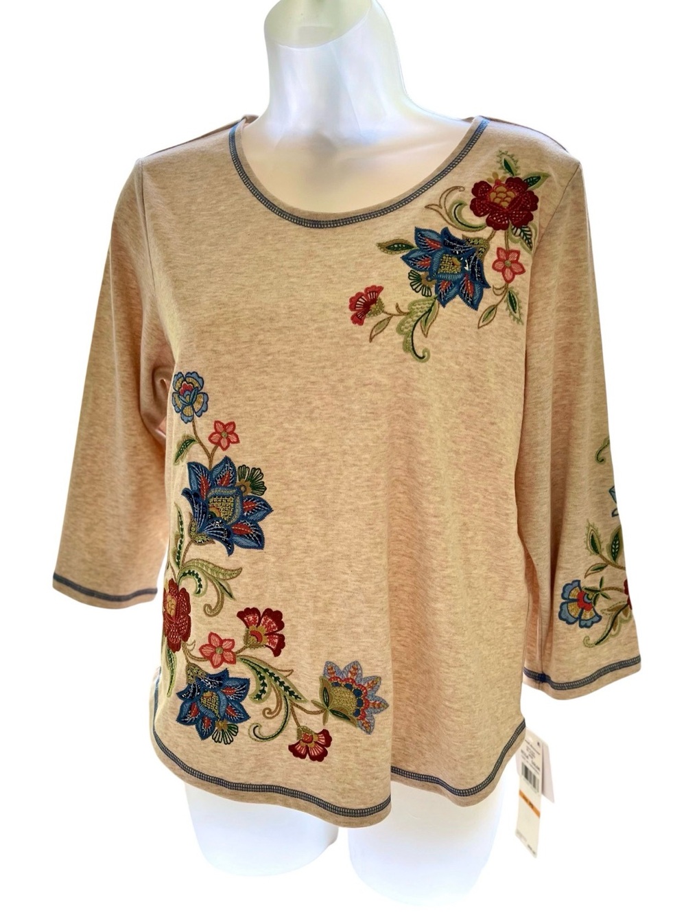 Alfred Dunner Beige Embroidered Floral Scoop-Neck Top, Petite-Small, NWT!*